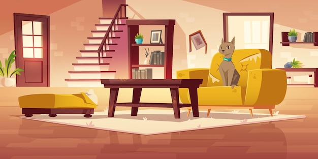 Gato no interior da casa danificado com móveis riscados, sofá e poltrona com estofamento rasgado e vaso de flores caído. animal de estimação fazendo bagunça no quarto, caos animal felino travesso, ilustração vetorial dos desenhos animados