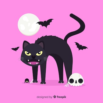 Gato preto de halloween com a lua no fundo rosa