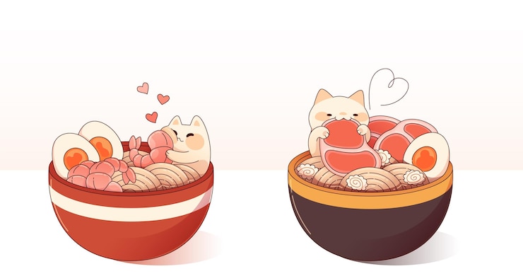 Vetor grátis gatos bonitos desfrutando de tigelas de ramen ilustração
