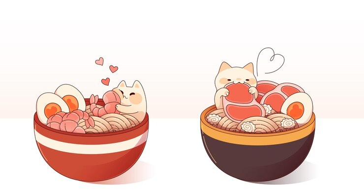Vetor grátis gatos bonitos desfrutando de tigelas de ramen ilustração