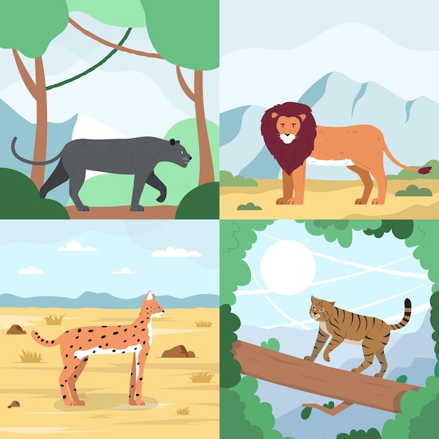 Vetor grátis gatos selvagens plana 2x2 conjunto de composições quadradas com paisagens ao ar livre e felinos em ilustração vetorial de habitat natural