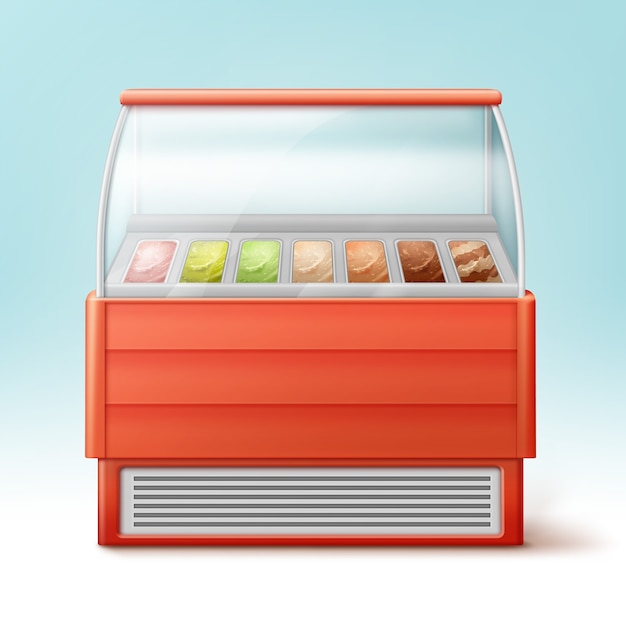 geladeira vermelha para sorvete com variedade de sabores isolados