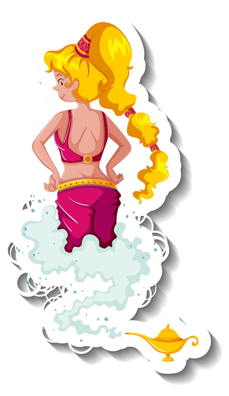 Vetor grátis genie lady saindo do adesivo de personagem de desenho animado de lâmpada mágica