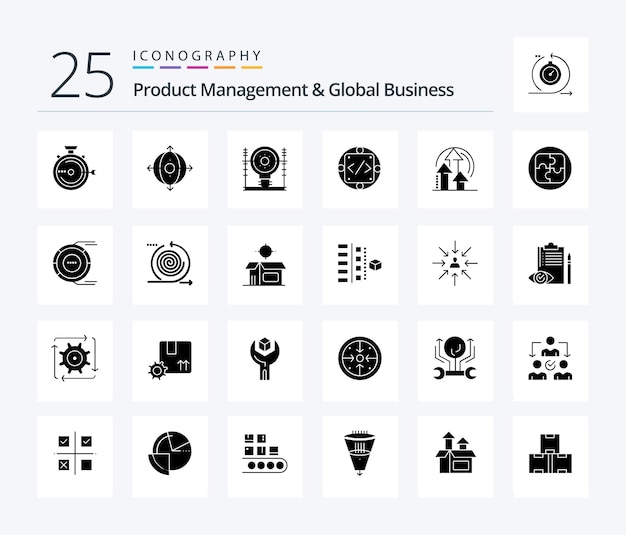 Gerenciamento de produtos e negócios globais 25 pacote de ícones de glifo sólido, incluindo gerenciamento de geração de código de produto personalizado