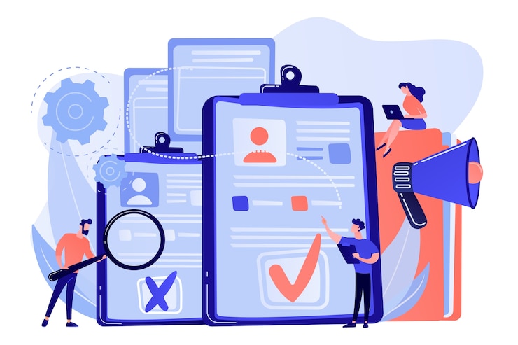 Vetor grátis gerentes de rh da empresa contratando um novo funcionário usando currículo, lupa e megafone. contratação de funcionário, preenchimento de currículo, ilustração do conceito de processo de contratação