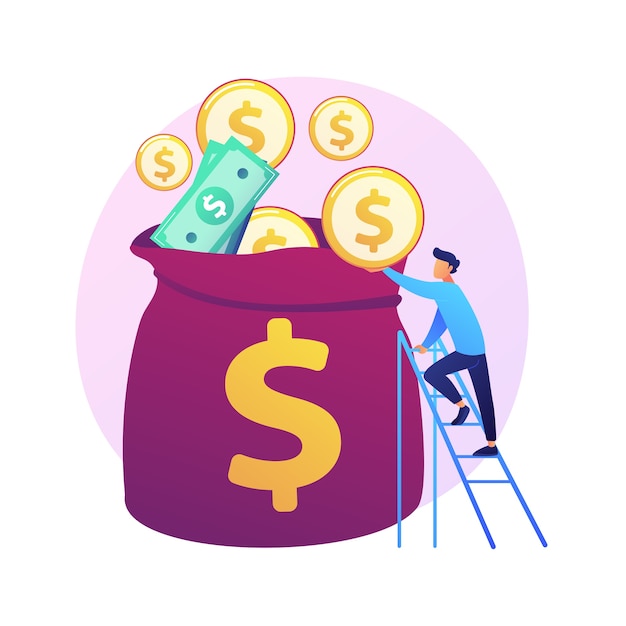 Gestão de finanças. Avaliação de orçamento, educação financeira, ideia de contabilidade. Financiador com dinheiro, economista segurando personagem de desenho animado de moeda de ouro.