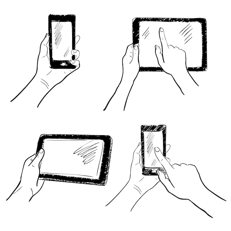 Vetor grátis gestos de mão, segurando, smartphone, tablet, touchscreen, esboço, conjunto, isolado, vetor, ilustração
