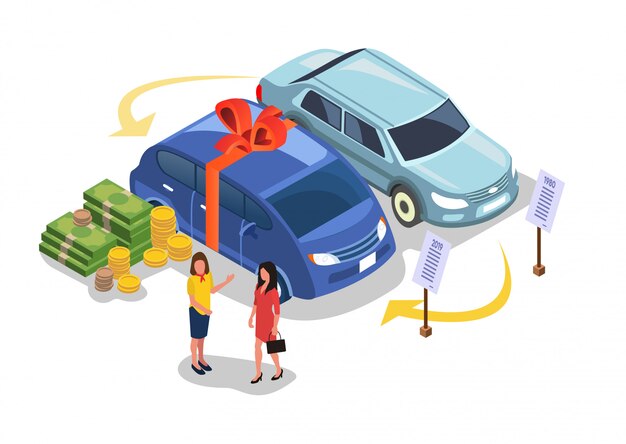 Gifting ou compra do carro, pagando o dinheiro pelo veículo. | Vetor Premium