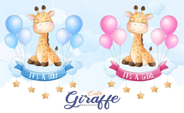 Girafa bonitinha voando com ilustração em aquarela de balão