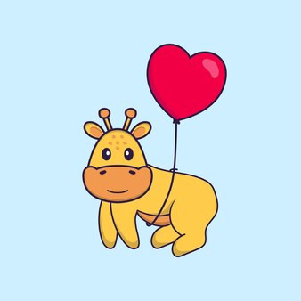 Girafa gira voando com balões em forma de amor. conceito de desenho animado animal isolado.