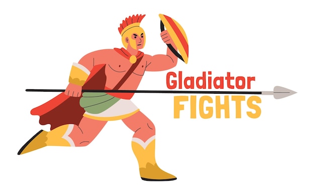 Vetor grátis gladiator luta composição com texto plano e personagem em execução de guerreiro segurando pá em ilustração vetorial de fundo em branco