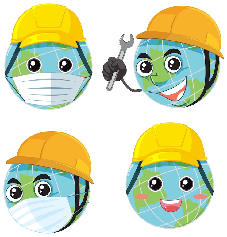 Vetor grátis globos de terra dos desenhos animados usando capacete