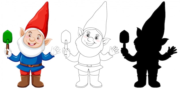 Vetor grátis gnomo segurando uma pá em cores, contornos e silhueta em personagem de desenho animado no fundo branco