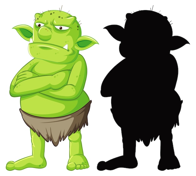 Goblin ou troll em cores e silhueta em personagem de desenho animado em branco