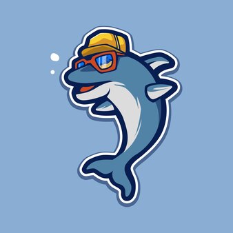 Golfinho usando óculos e chapéu mascote logotipo design ilustração vetorial