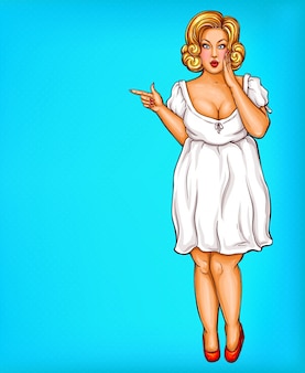 Gorda, obesa loira pin up mulher, pop art, mais modelo de tamanho no vestido branco