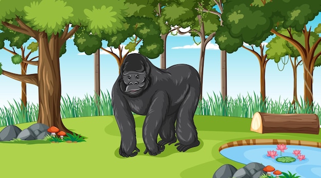 Gorila em floresta ou cenário de floresta tropical com muitas árvores