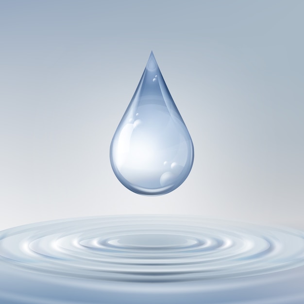 Gota azul brilhante limpa de vetor com círculos na água, vista frontal
