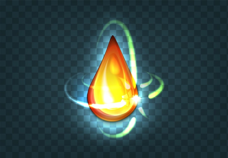 Vetor grátis gota brilhante realista de petróleo ou mel isolado em fundo escuro. óleo de motor em bruto ou cosmético dourado com efeito de luz flare. gota amarela líquida da máquina.