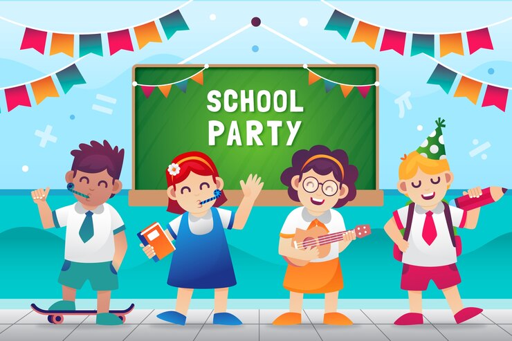 Vetor grátis gradiente de volta à ilustração de festa escolar com alunos comemorando