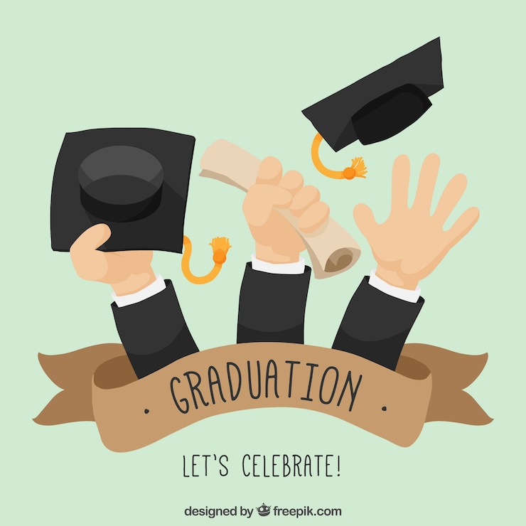Vetor grátis graduação, fundo, mãos, diploma, graduação, tampões
