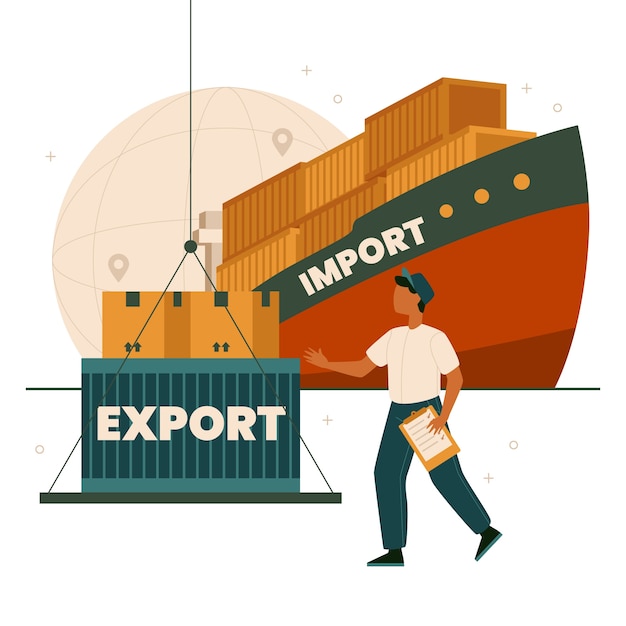 Gráfico de importação e exportação de design plano com navio