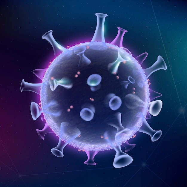 Gráfico de néon roxo de vetor de biotecnologia de células de vírus Covid-19