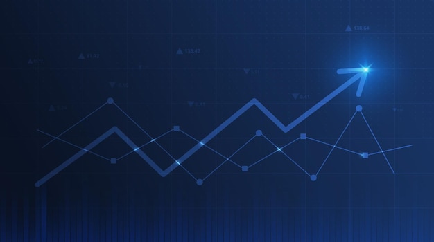 Vetor grátis gráfico gráfico com o diagrama de investimento financeiro do mercado de ações de seta para cima em fundo azul