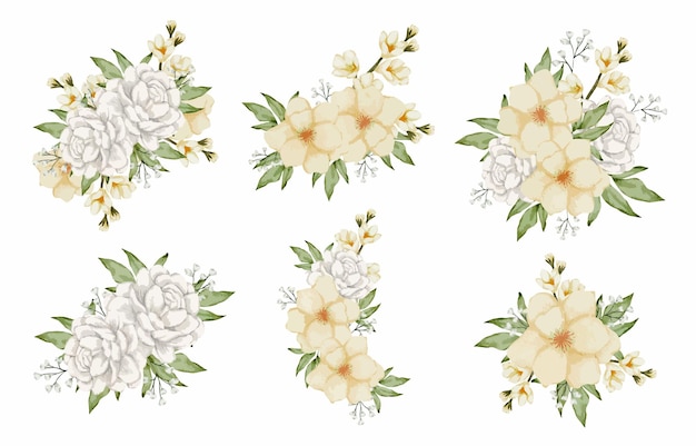 Grande conjunto botânico de flores silvestres conjunto de partes separadas e reunir um lindo buquê de flores em estilo de cores de água em ilustração vetorial plana de fundo branco