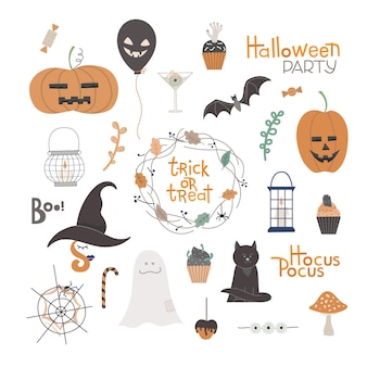 Grande conjunto de halloween com personagem de gatinho, morcego, doces, vários símbolos de férias. elementos do vetor de mão desenhada para design criativo, decoração para impressão, cartão, banner.