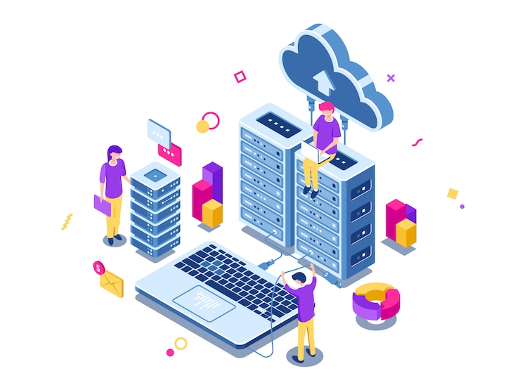 Vetor grátis grande data center, rack de sala de servidores, processo de engenharia, trabalho em equipe, tecnologia de computação, armazenamento em nuvem