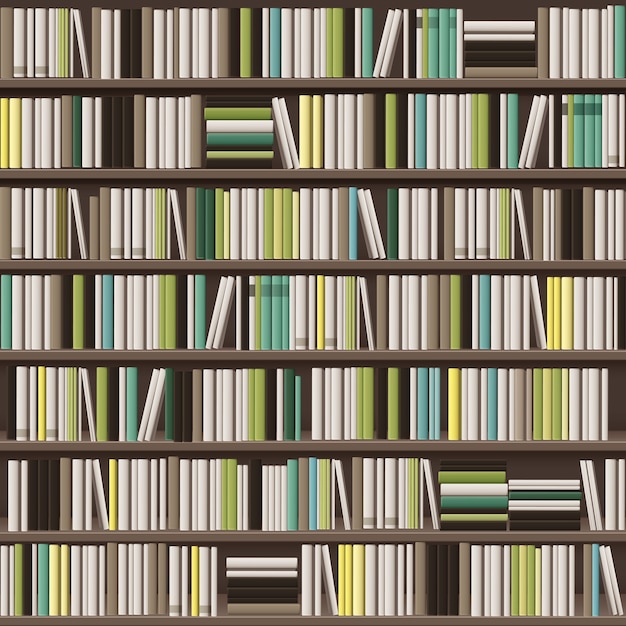 Grande fundo de estante de biblioteca de vetor cheio de diferentes livros brancos, amarelos, verdes e marrons