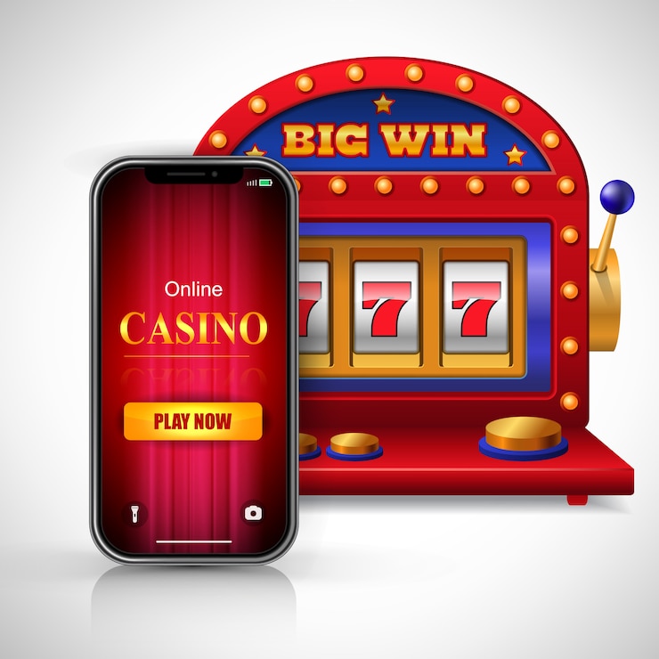Vetor grátis grande vitória casino online jogar agora lettering na tela do smartphone e caça-níqueis.