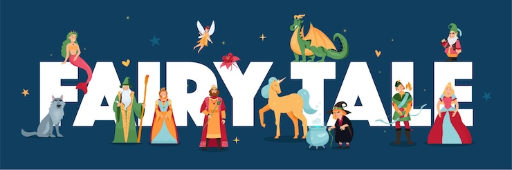 Vetor grátis grandes letras brancas de conto de fadas com pequenos personagens de desenhos animados