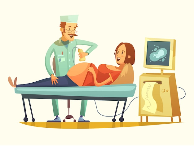 Vetor grátis gravidez ultrasound triagem retro cartoon ilustração