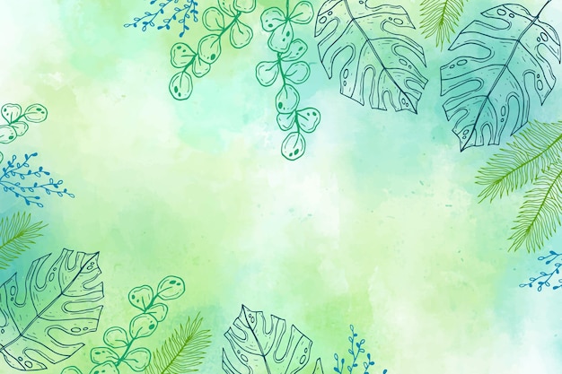 Gravura desenhada à mão com folhas tropicais de fundo de verão