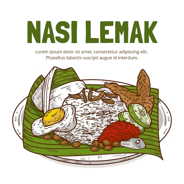 Gravura desenhada à mão nasi lemak