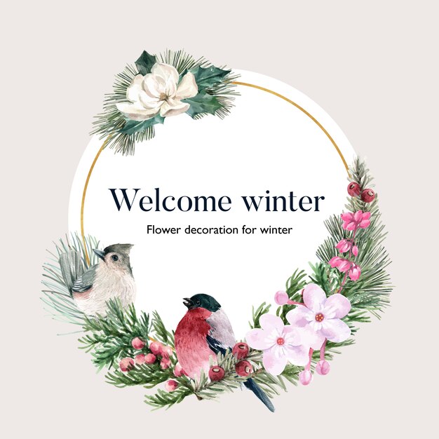 Grinalda de flor de inverno com pássaros, florais, foliages