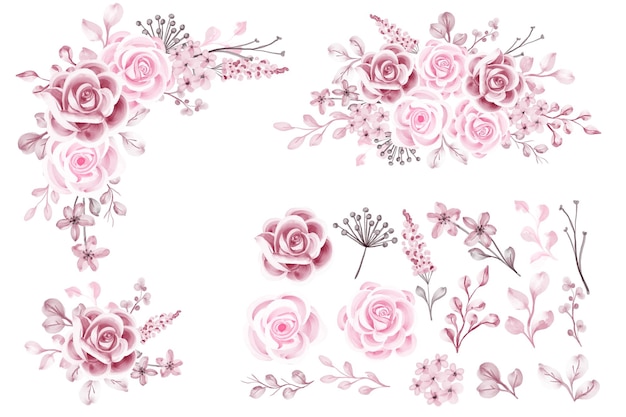 Vetor grátis grinalda de flores de rosa rosa luxuosa e clipart isolado