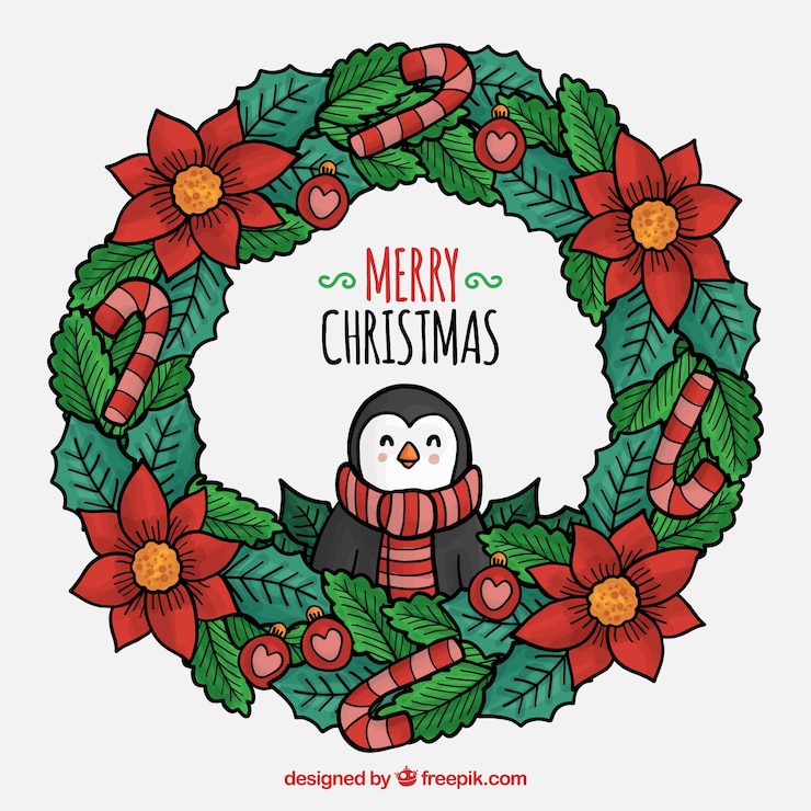 Vetor grátis grinalda de natal com um pinguim bonito