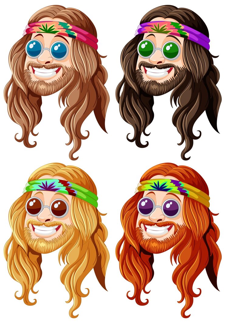 Vetor grátis groovy hippie faces vector set (conjunto de rostos hippie)