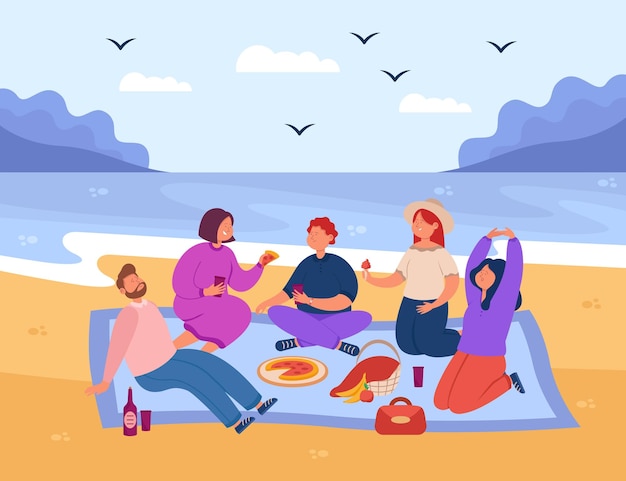 Grupo de amigos de desenho animado feliz fazendo piquenique na praia. sorrindo, homens e mulheres comendo e bebendo fora perto do oceano, pessoas almoçando na ilustração vetorial plana da costa do mar. verão, conceito de natureza