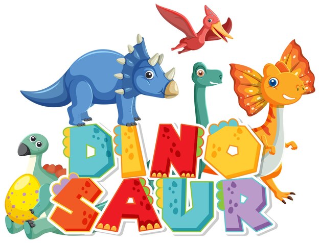 Grupo de dinossauros fofos com logotipo de palavra de dinossauro