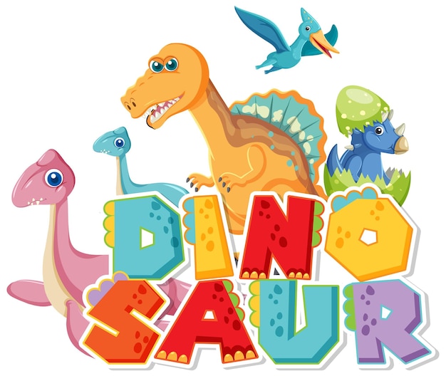 Vetor grátis grupo de dinossauros fofos com logotipo de palavra de dinossauro