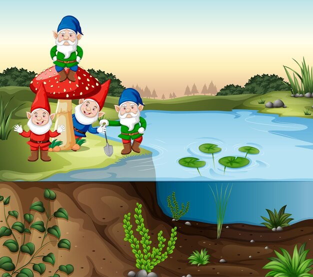 Grupo de gnomos ao lado do pântano em estilo cartoon