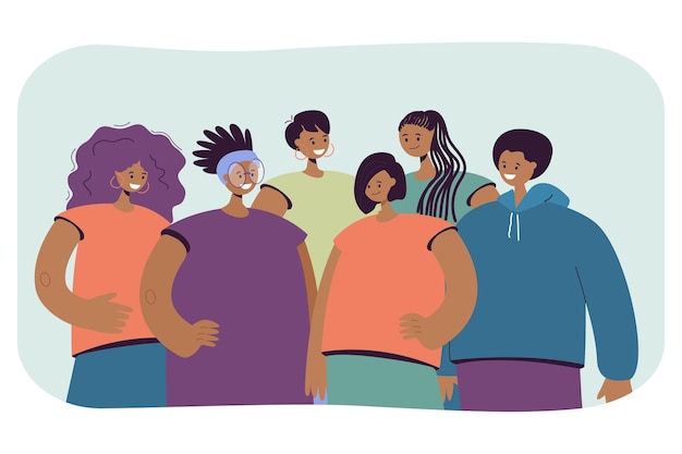 Grupo de jovens ilustração de pessoas afro-americanas a sorrir. homens e mulheres com diferentes cortes de cabelo e roupas casuais
