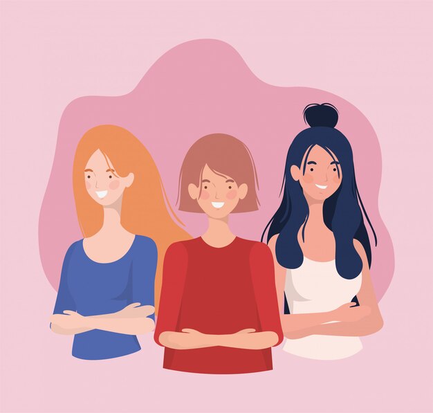 Grupo de jovens mulheres em pé caracteres