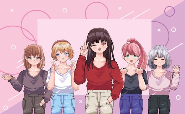 Vetor grátis grupo de meninas estilo anime