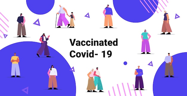 Grupo de pacientes vacinados após injeção de vacina bem-sucedida conceito de vacinação covid-19 de comprimento total