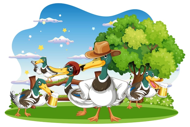Grupo de pato feliz na cena da natureza